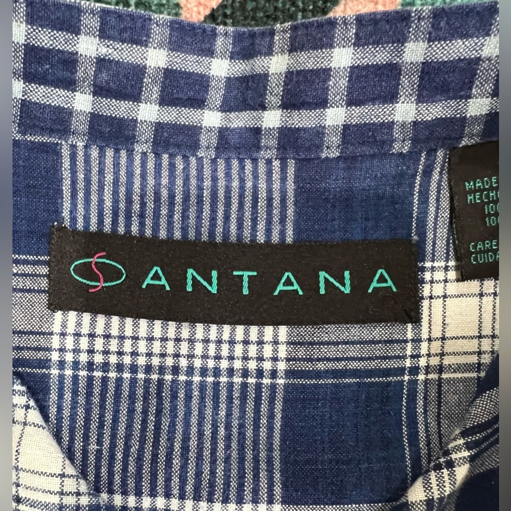 Vintage Santana Collarless Plaid Denim Button Up Shirt - Picture 6 of 11